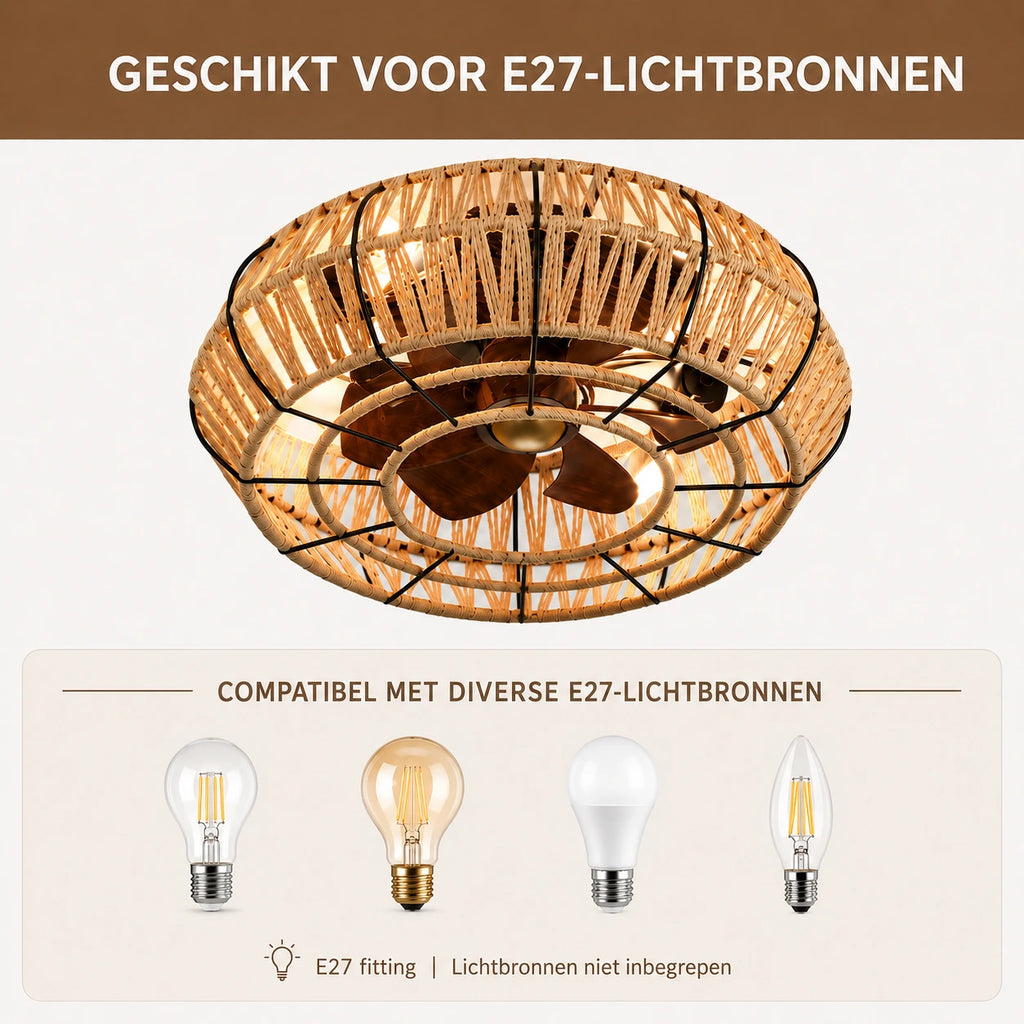 Minovia® Sora | Luxe Rotan Plafondlamp met Ventilator